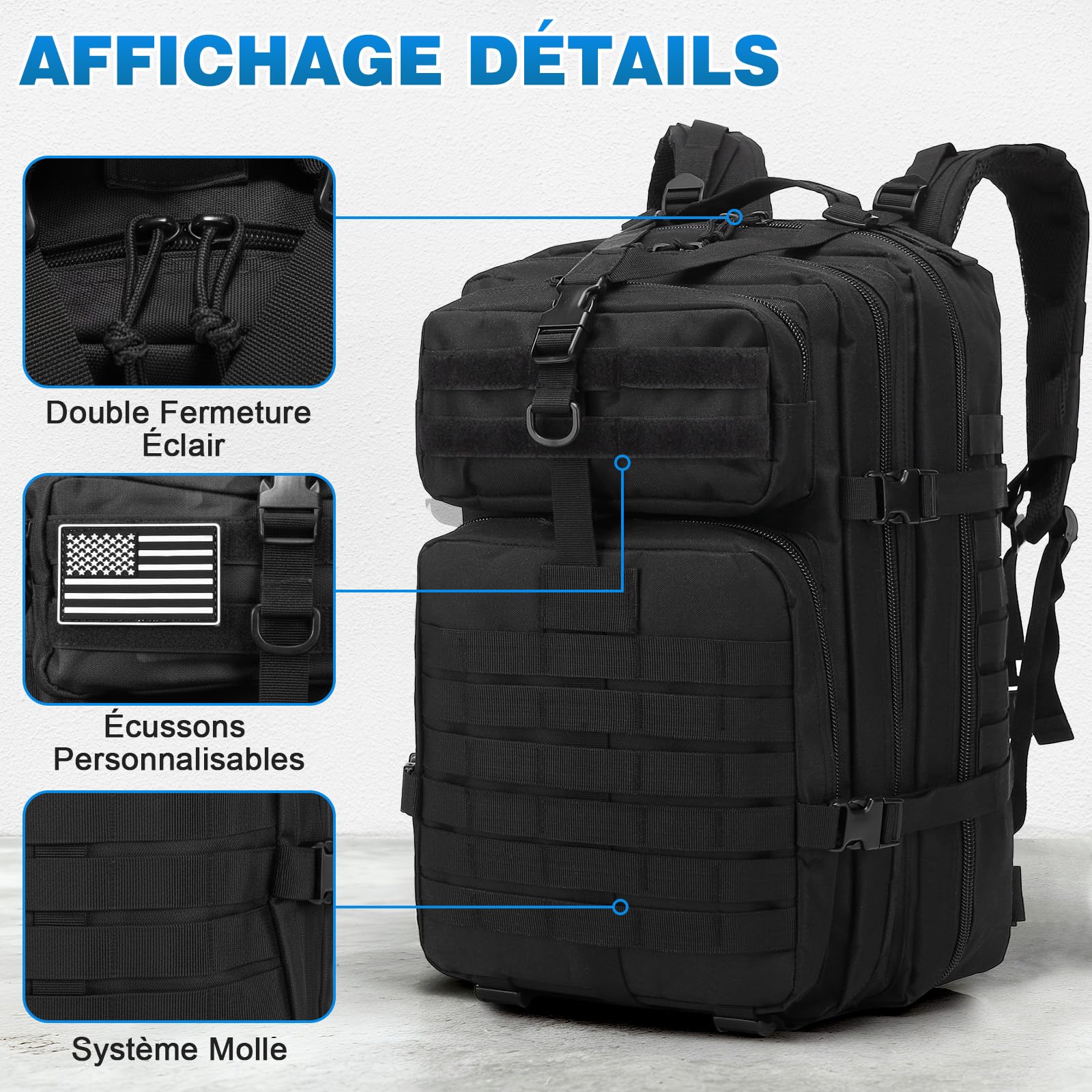 SHANNA Sac à Dos Militaire Tactique 45L de Grand Volume, Sac Multifonction Armée Molle Assaut Pack, Backpack Crossfit Randonnée pour Voyage Trekking Randonnée Camping École Pêche Alpinisme