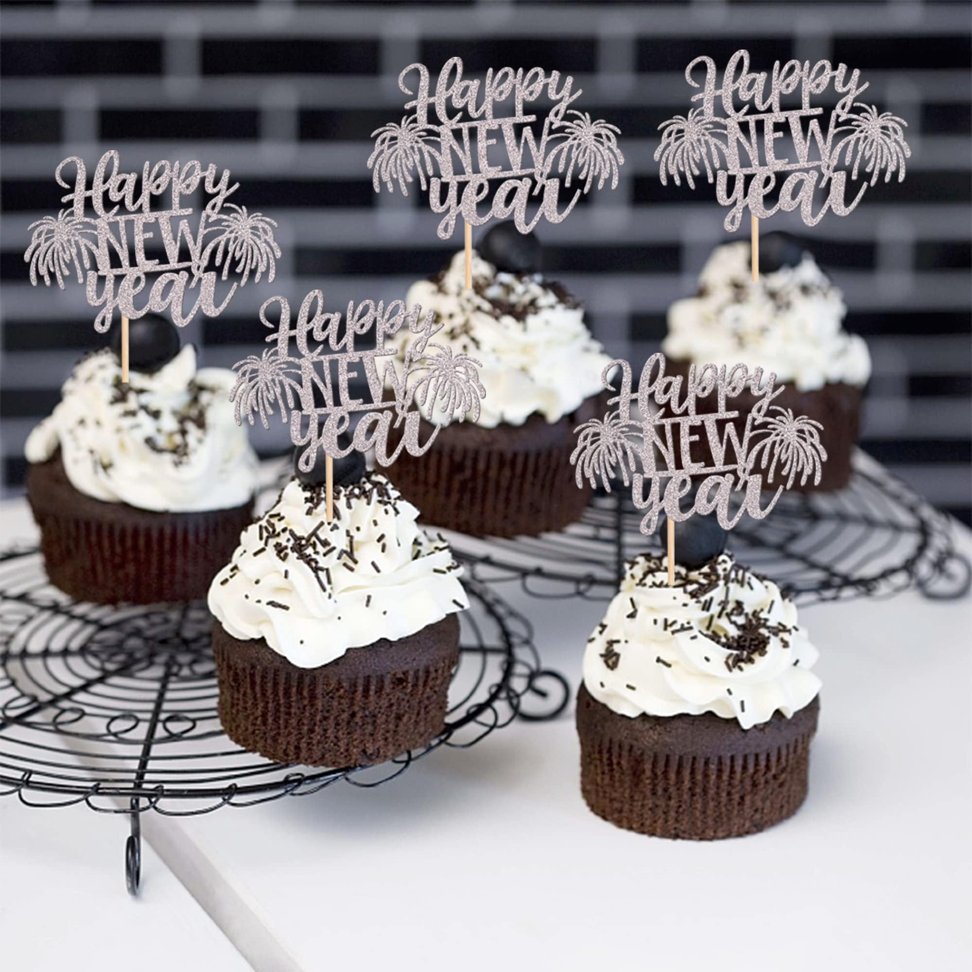 Xsstarmi 24 Pack Happy New Year Cupcake Toppers Silver Fireworks Glitter Welcome to 2026 Cupcake Picks Decoration for 2026 Happy New Year Celebrate Party Cake Decorations Supplies - Image 3
