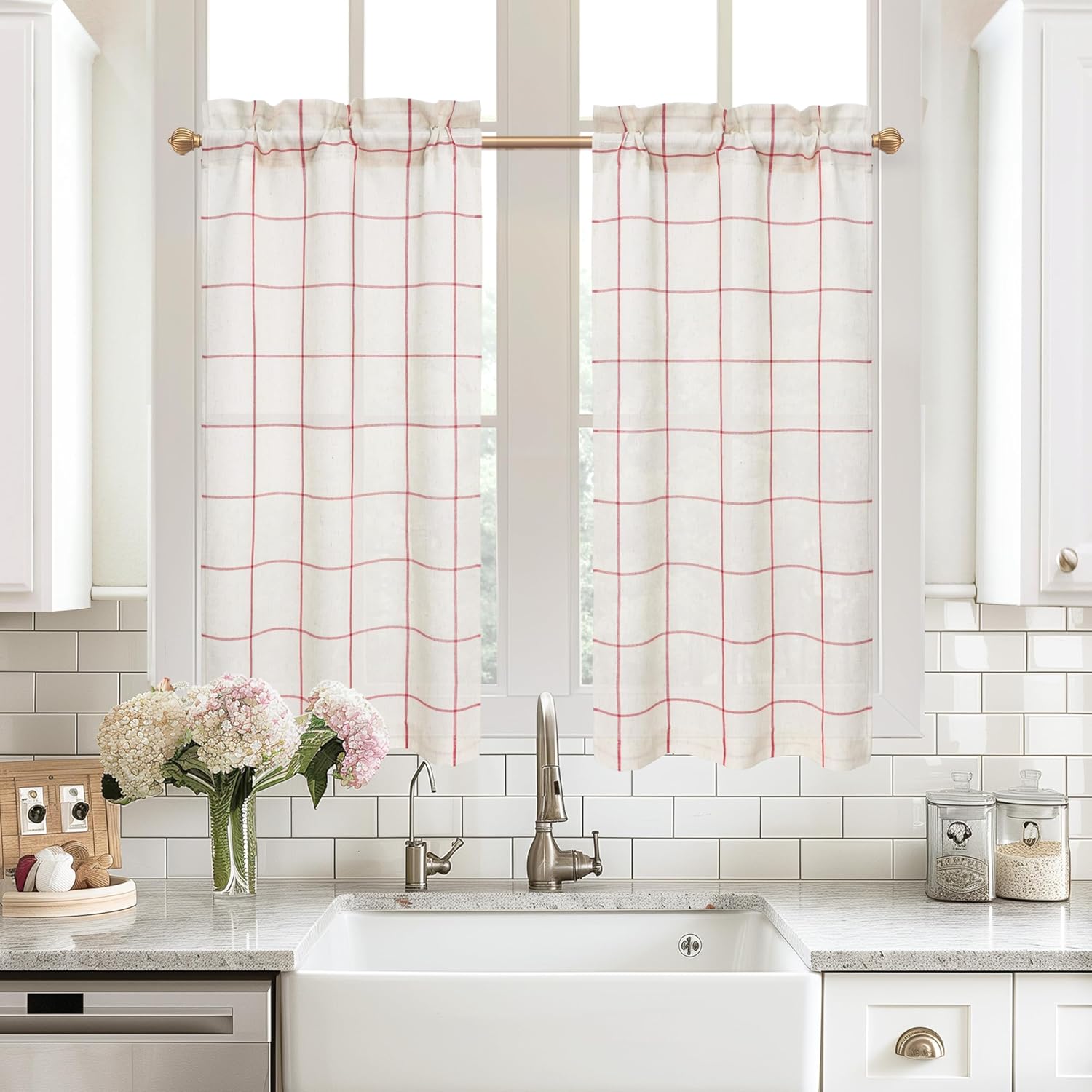 DriftAway Kitchen Curtains Striped Tier Linen Short Curtains Windowpane Plaid Cafe Curtains 45 Inch Length for Living Room Bathroom Chris Farmhouse Rustic Curtains Rod Pocket 2 Panels Red