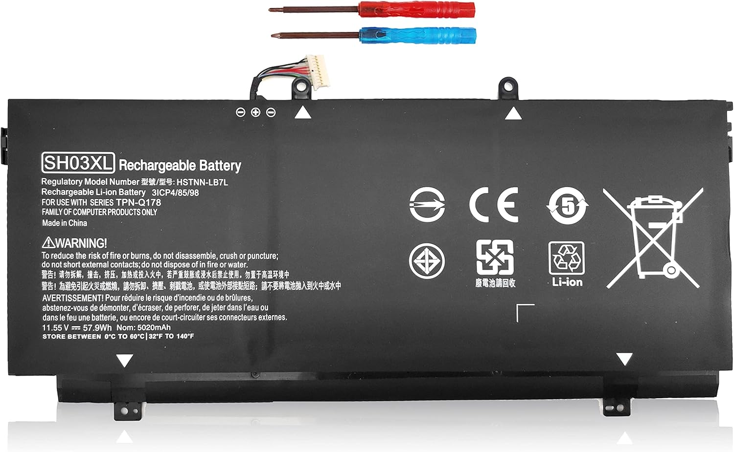 Close-up of the SH03XL battery label showing warnings and specifications