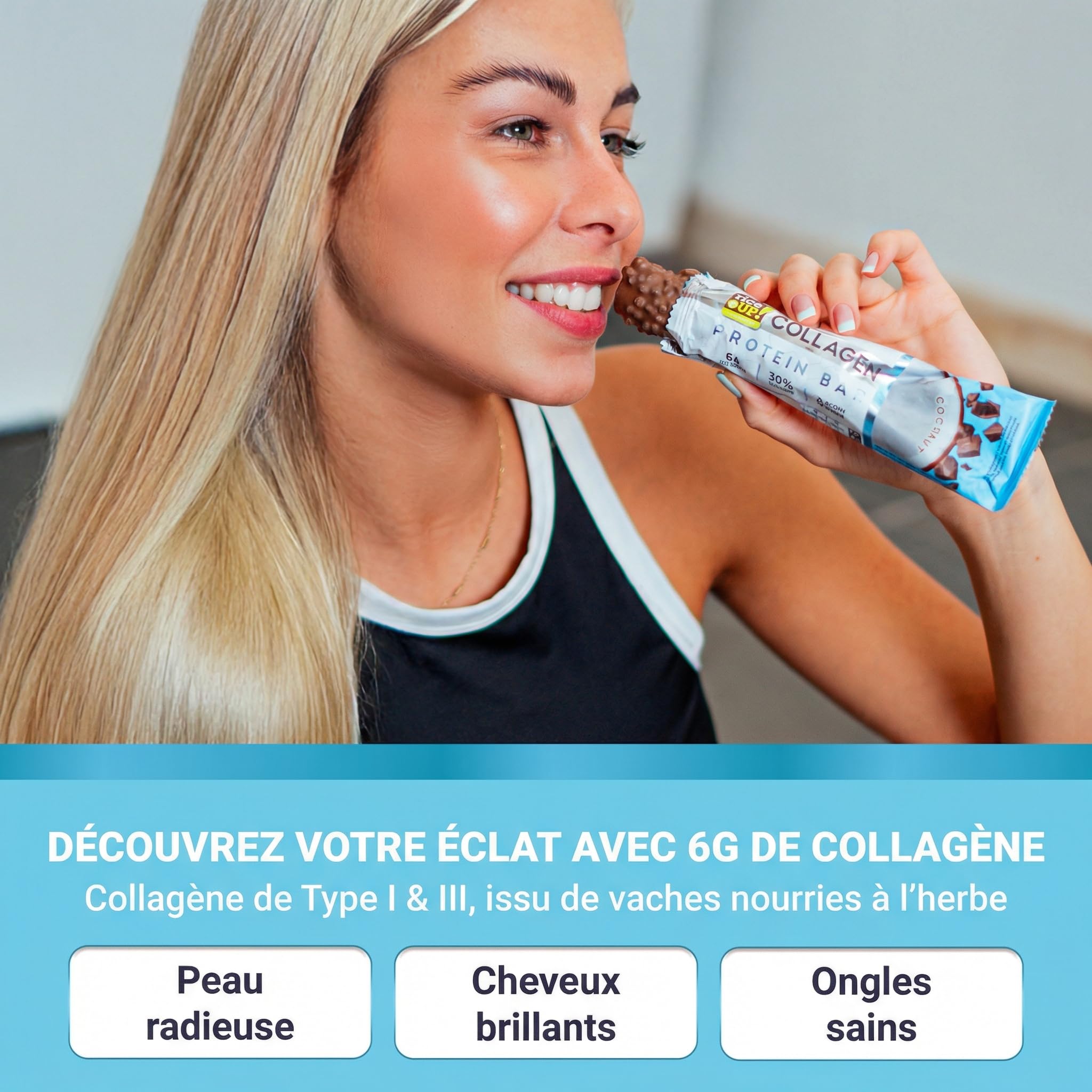 RiceUP! Barre Protéinée Noix de Coco au Collagène – 30% Protéines, 6000 mg Collagène Type I & III, Sans Sucre Ajouté, Moins de 215 kcal – Snack Protéiné 12 x 42 g