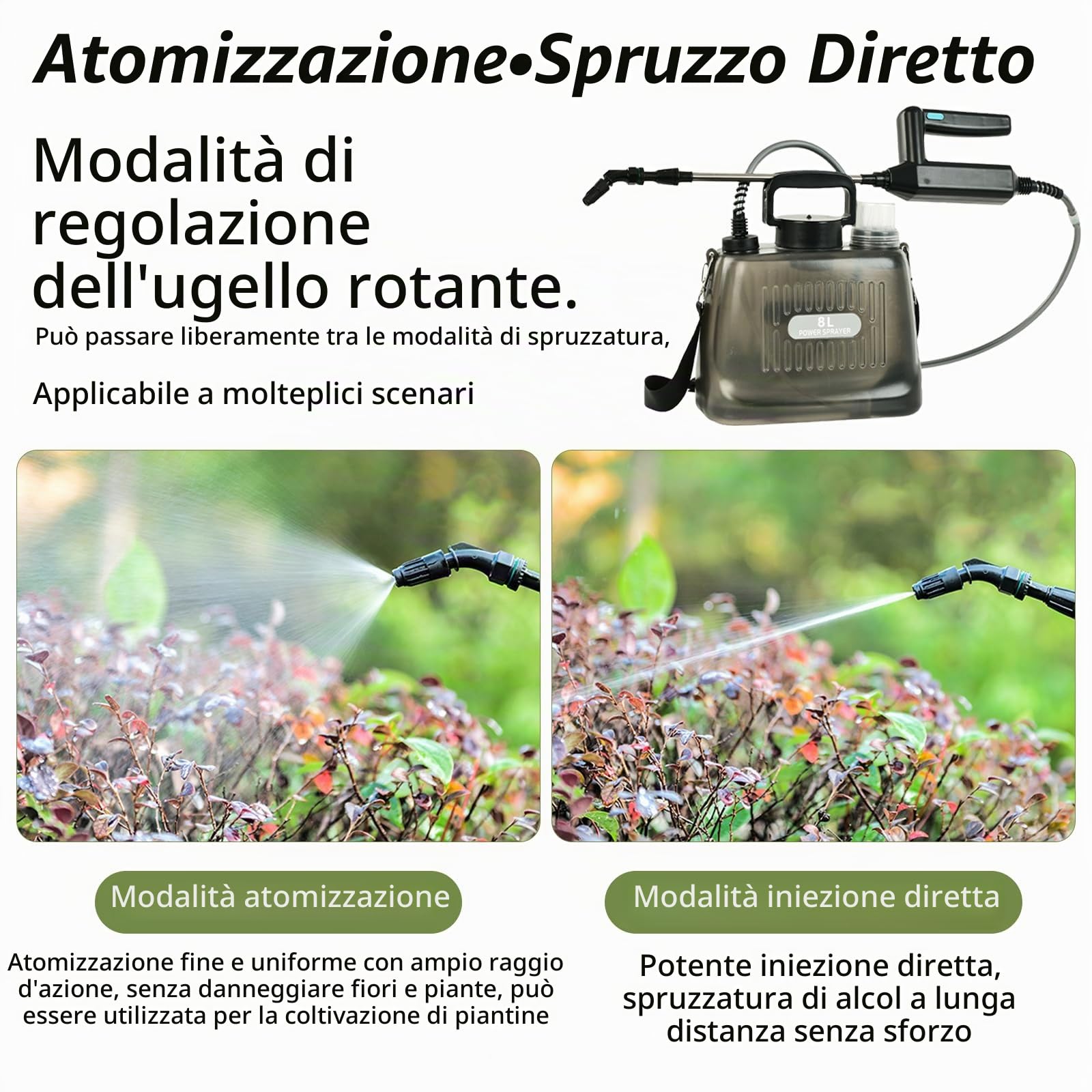 Spruzzatore A Pressione, 8L Batteria Spruzzatore Giardino Con Lancia 4 Ugelli Regolabili Spruzzatore A Zaino Con Batteria 2400 Mah (Pompa Automatica Da 7,4V Serbatoio Trasparente Lancia Telescopica)