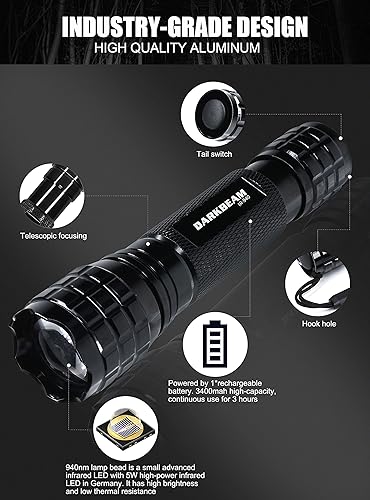 Miniatura 3 de DARKBEAM Linterna IR Infrarrojos 940nm Luces LED Mini para Visión Nocturna, recargable Portátil Táctica IR Iluminador, Enfoque Ajustable para Caza