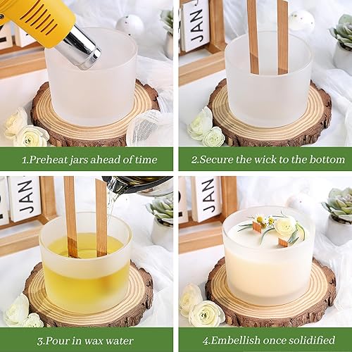 Miniatura 11 de CONNOO Paquete de 6 tarros de vela de 16 onzas, 3 mechas de vidrio vacío transparente de boca ancha, vienen con tapas de bambú, etiquetas de Tapas