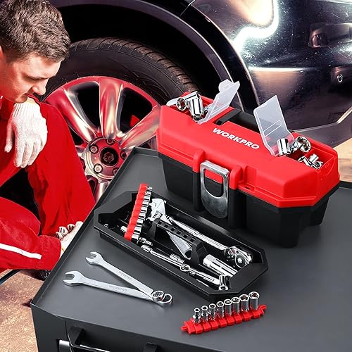 Miniatura 4 de WORKPRO Caja de herramientas portátil de 13 pulgadas con bandeja extraíble, caja de herramientas resistente con pestillo de metal, clasificado hasta