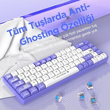AJAZZ AK680 65% Wired Hotswap Mechanical Gaming Keyboard,68 Keys Portable Anti-Ghosting Keyboard,Rainbow Backlit Programmable,Ergonomic,Brown Purple White, Key-Blue