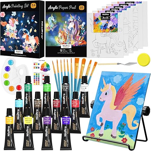 Nicpro Juego de 34 piezas de pintura para niños con lienzo patrón, kit de suministros de pintura artística con 12 pinturas acrílicas, 10 pinceles, 6