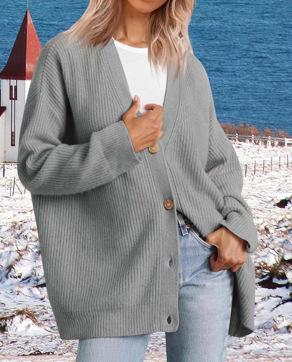 Womens Casual Open Front Sweater Classic Long Sleeve V Neck Cardigans Simple Solid Color Button Fall Winter Outfits - Image 3