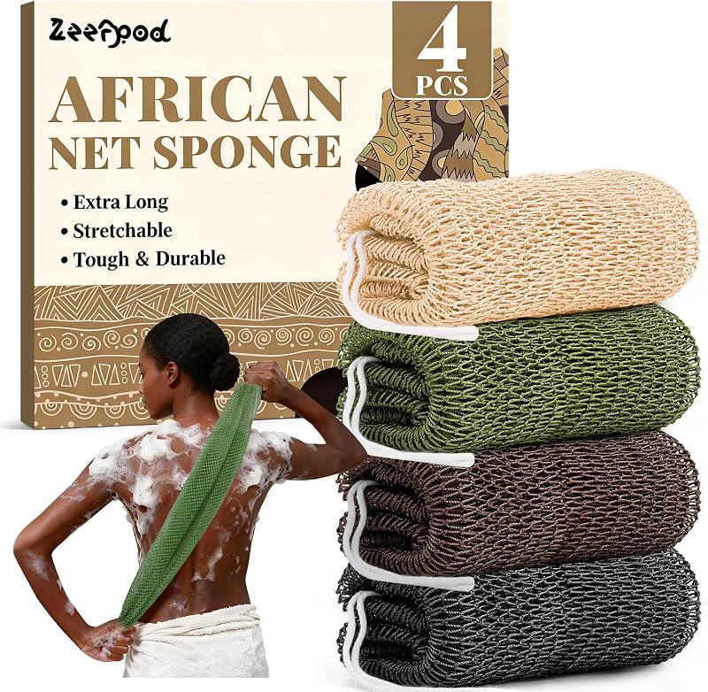 Esponja de banho em rede africana Zeefpod, 4 unidades, 106,68 cm, Linho, Verde-oliva, Marrom e Preto