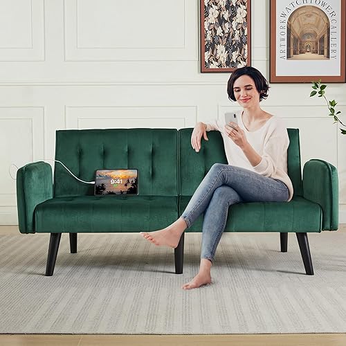 Miniatura 55 de TYBOATLE Sofá cama tipo futón convertible de 65 pulgadas con 2 USB, sofá biplaza tapizado capitoné pequeño y ajustable, moderno de mediados de siglo