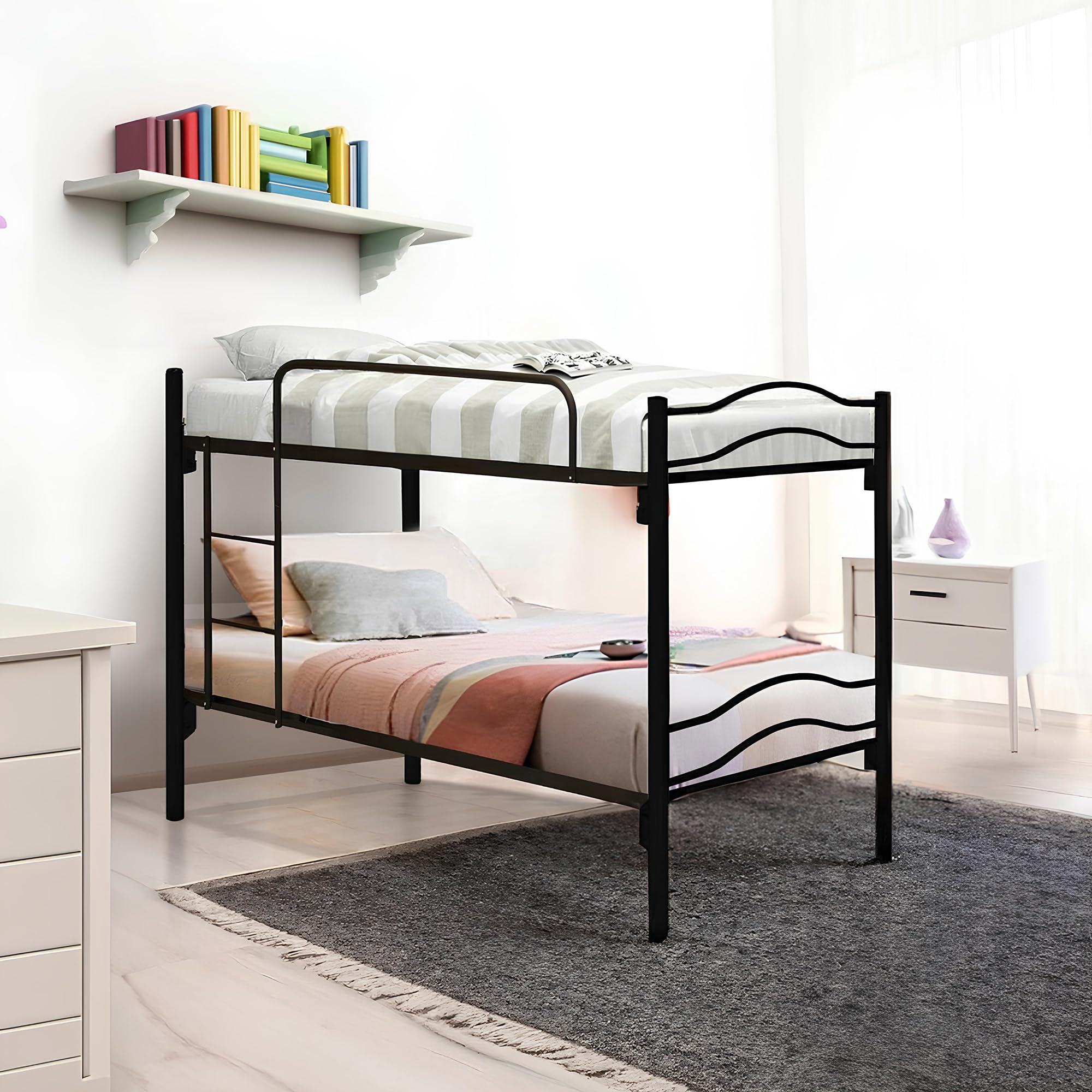 DOLCI SOGNI Letto a Castello per Adulti e Bambini Scomponibile in 2 Letti Singoli (Struttura + Materasso E Cuscino Nero)
