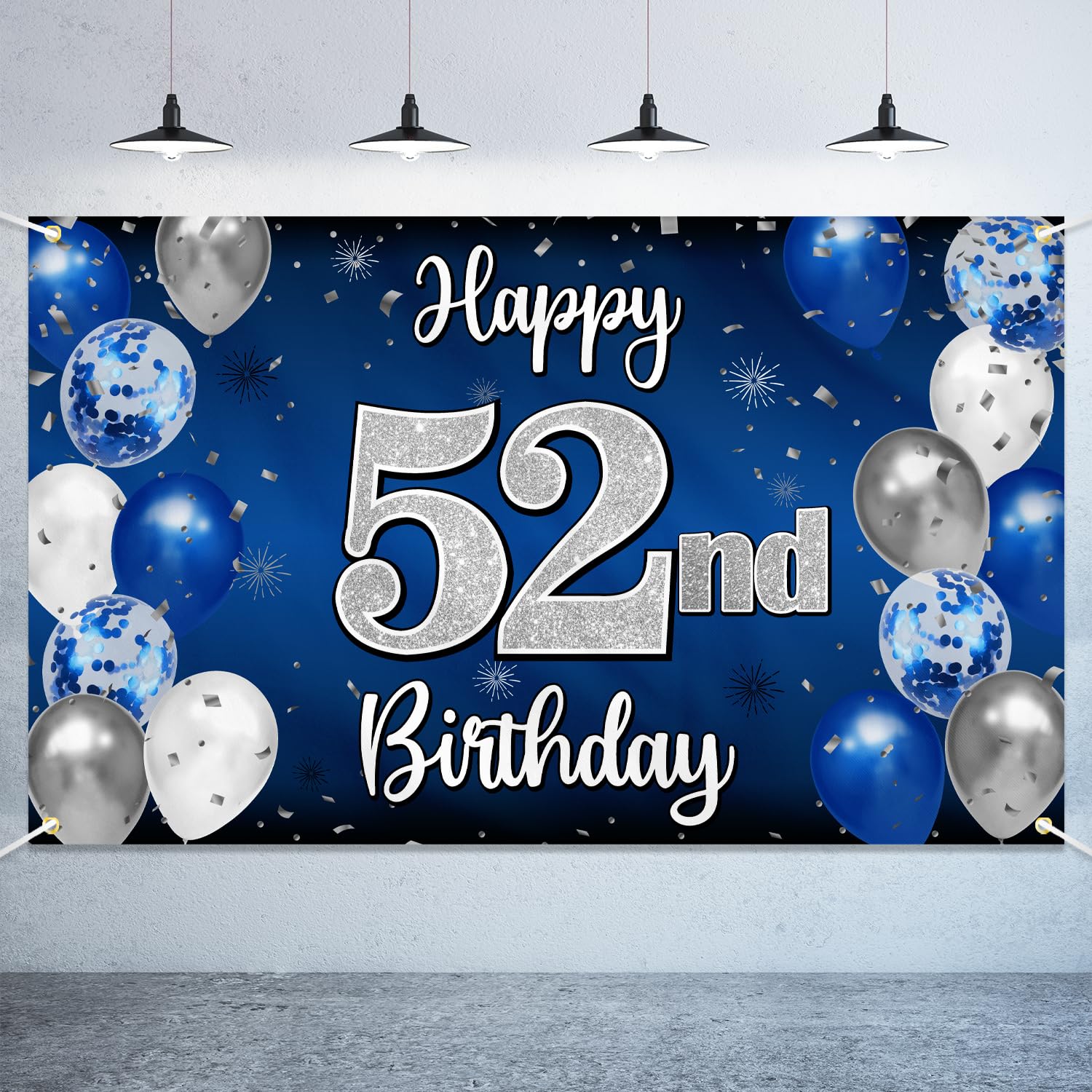 Nelbiirth Happy 52nd Birthday Decorations,52nd Blue & Silver Balloon Large Birthday Banner Backdrop Sign,Cheers to 52 Years Old Bday Party Supplies.