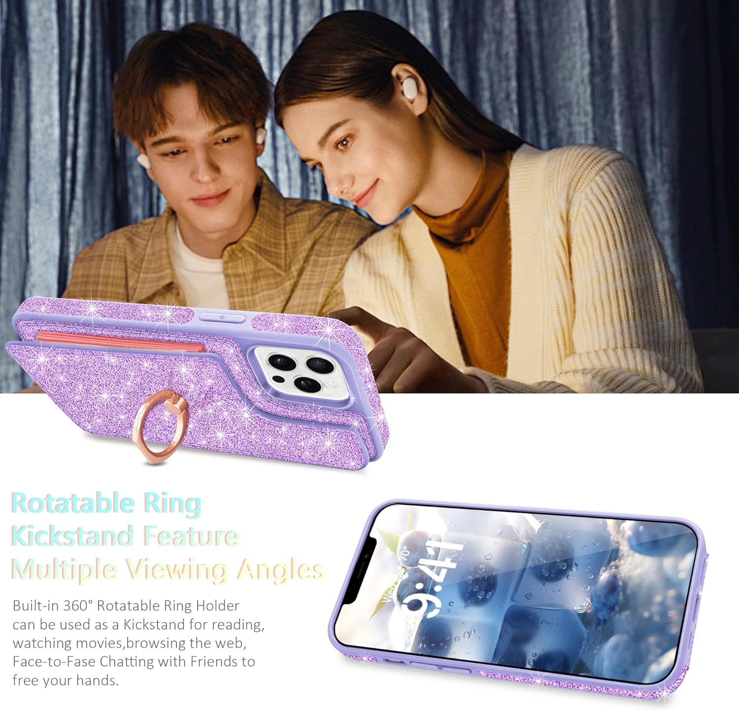 for iPhone 12 Pro Max Case Wallet with [Glass Screen Protector+ Camera Lens Protector] [5 Card Holder & 360°Ring Stand] Cute Bling Flip PU Leather Card Slots Phone Case for Women Girls,Purple
