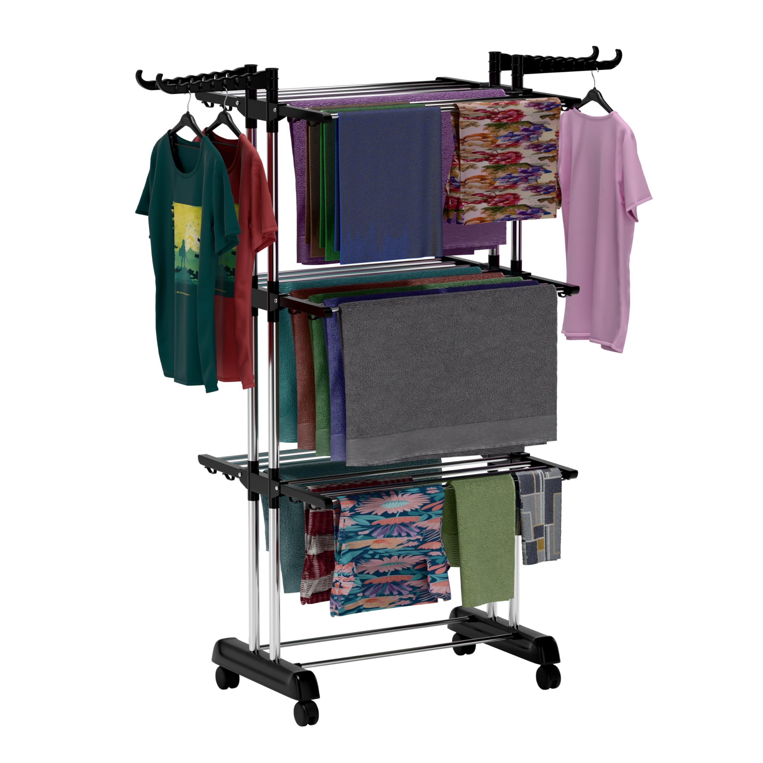 Foldable Cloth Drying Stand Stainless Steel – 3 Tier Heavy-Duty Clothes Dryer for Balcony, Indoor & Outdoor Use | with Wheels & Hanger Slots | Rust-Proof Laundry Rack (Black 3 TIRE)-image-21