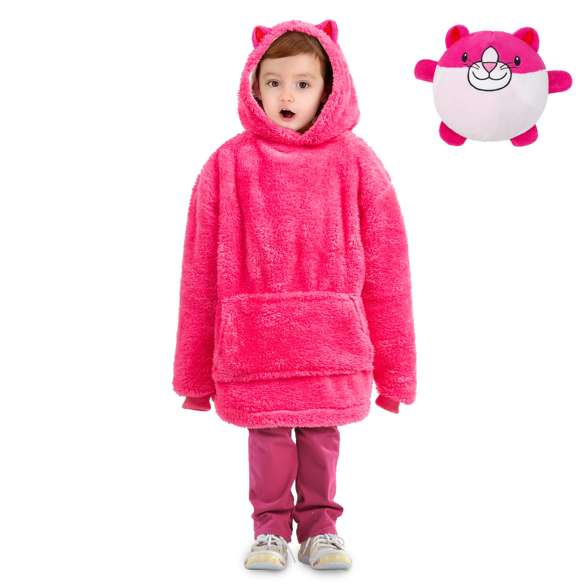 Albert Austin Oversized Kids Blanket Hoodie 2-in-1 Animal Hooded Blanket with Pet Toy Kids Pet Hoodie Blanket with Large Pocket Snuggle Blanket for Girls and Boys Machine Washable(Pink Cat)