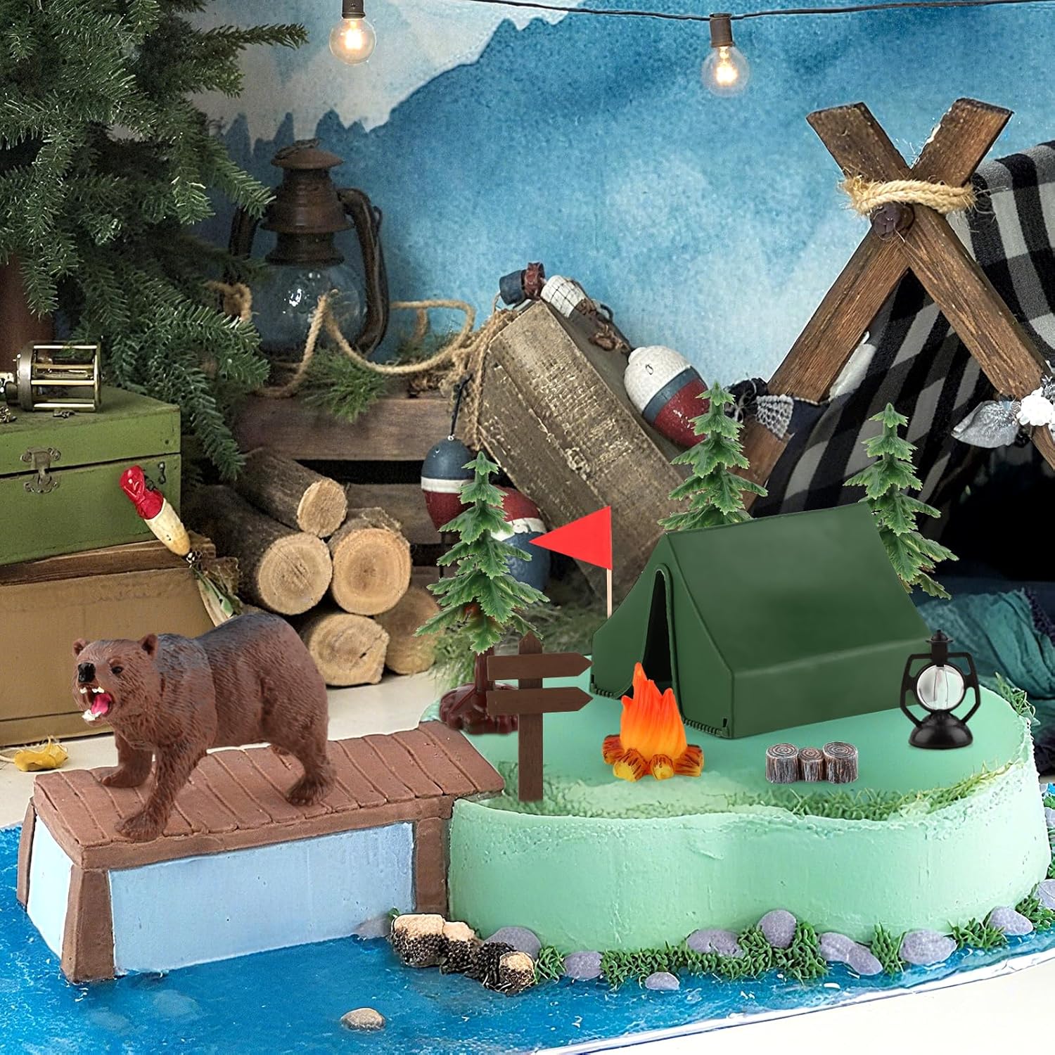 Hooqict Camping Cake Decorations with Mini Tent, Campfire, Tree, Camp Sign, Animal Camping Cake Toppers & Cupcake Toppers for Forest Camp Themed Birthday Party Decorations Supplies