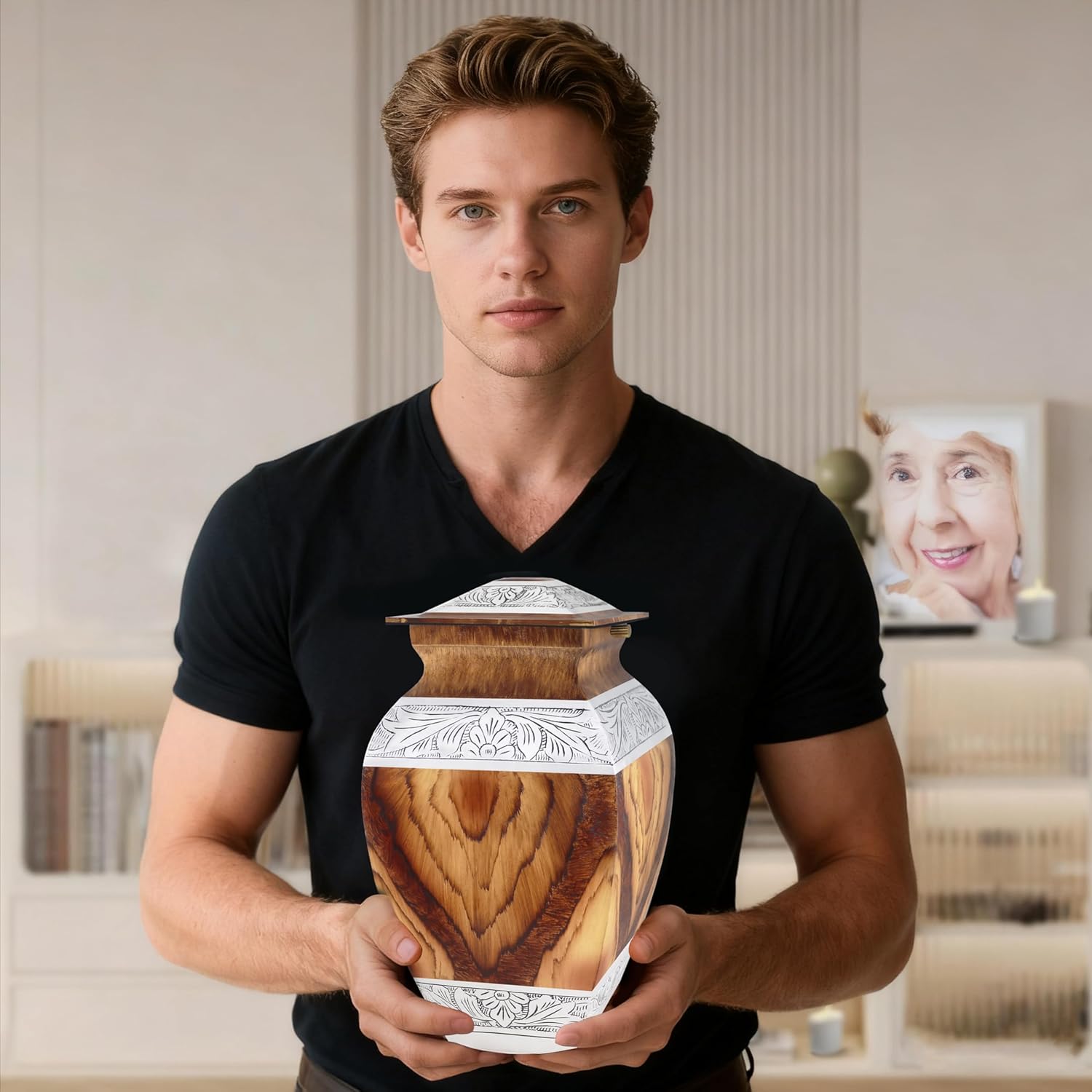 Urn for Ashes for Women & Male, Cremation Urns for Human Ashes Adult Female and Man, Funeral Decorative Urns, Large Square Model, Brown Wood Texture, Burial, Aluminium - Full Size - Image 3