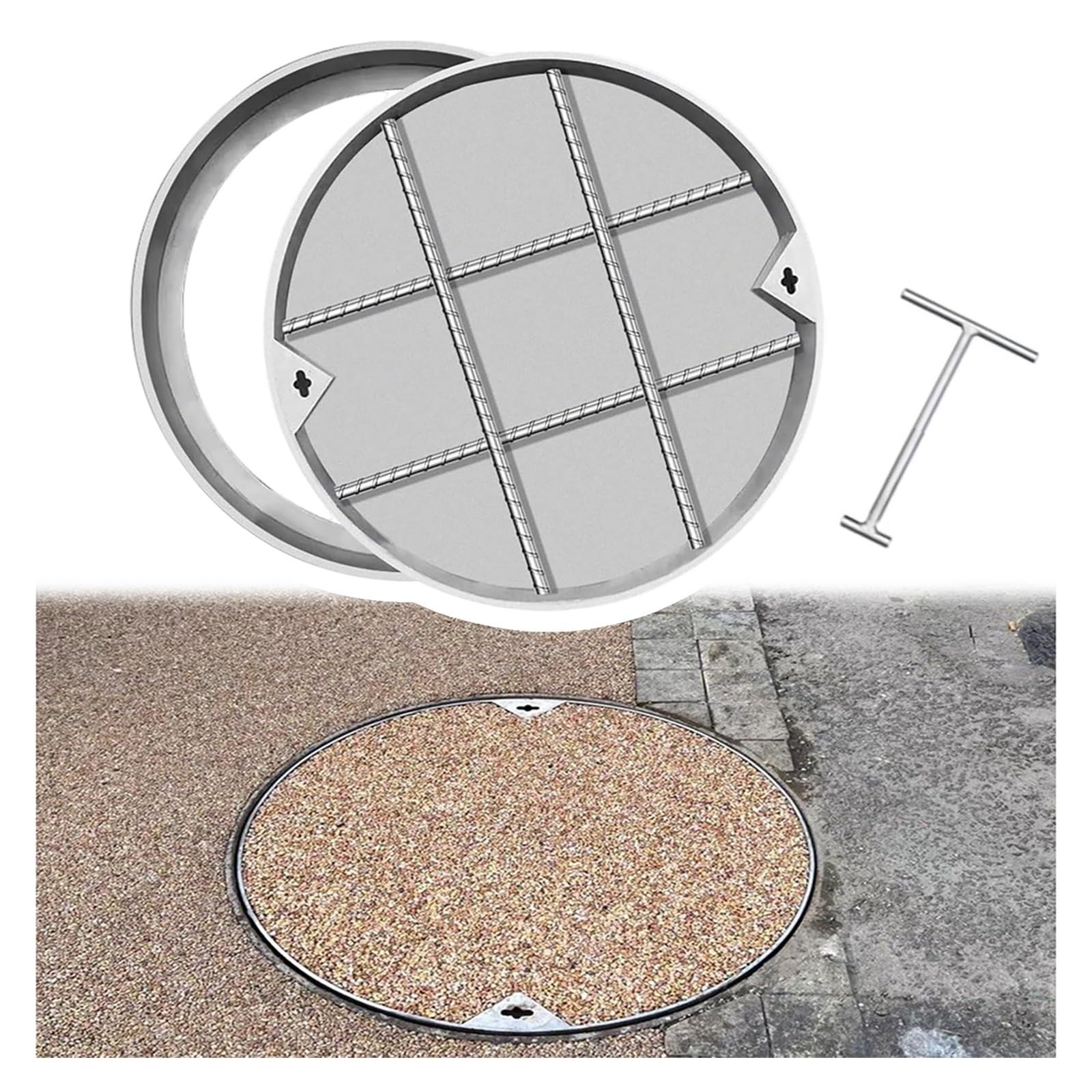 Couvercle et Cadre de Regard Rond en Acier Inoxydable, pour Fosse septique de 20, 22, 24, 26, 28, 34 et 36 Pouces, avec Crochet de Levage (diamètre 75 cm/30 Pouces).