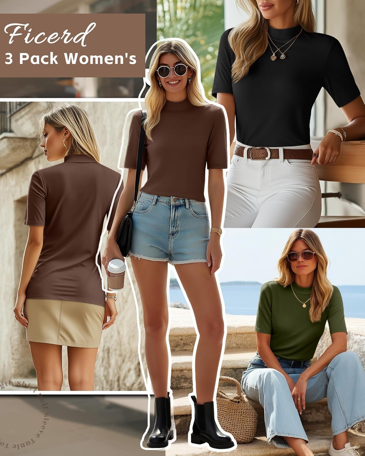 Ficerd 3 Pack Women's Mock Turtleneck T-Shirts 1/2 Half Sleeve Dressy Casual Tunic Tops Slim Fit Summer Basic Tee Shirts 2026 - Image 4