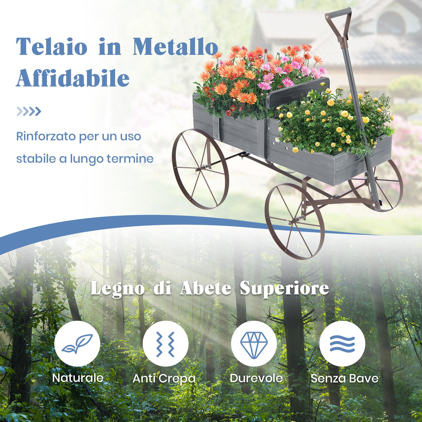 RELAX4LIFE Fioriera da Esterno a Forma di Carriola 62x34x60cm, Fioriera in Legno di Abete con 4 Ruote e Maniglia Regolabile, Carriola Portafiori con Drenaggio per Giardino, Terrazzo, Max 15kg (Grigio)