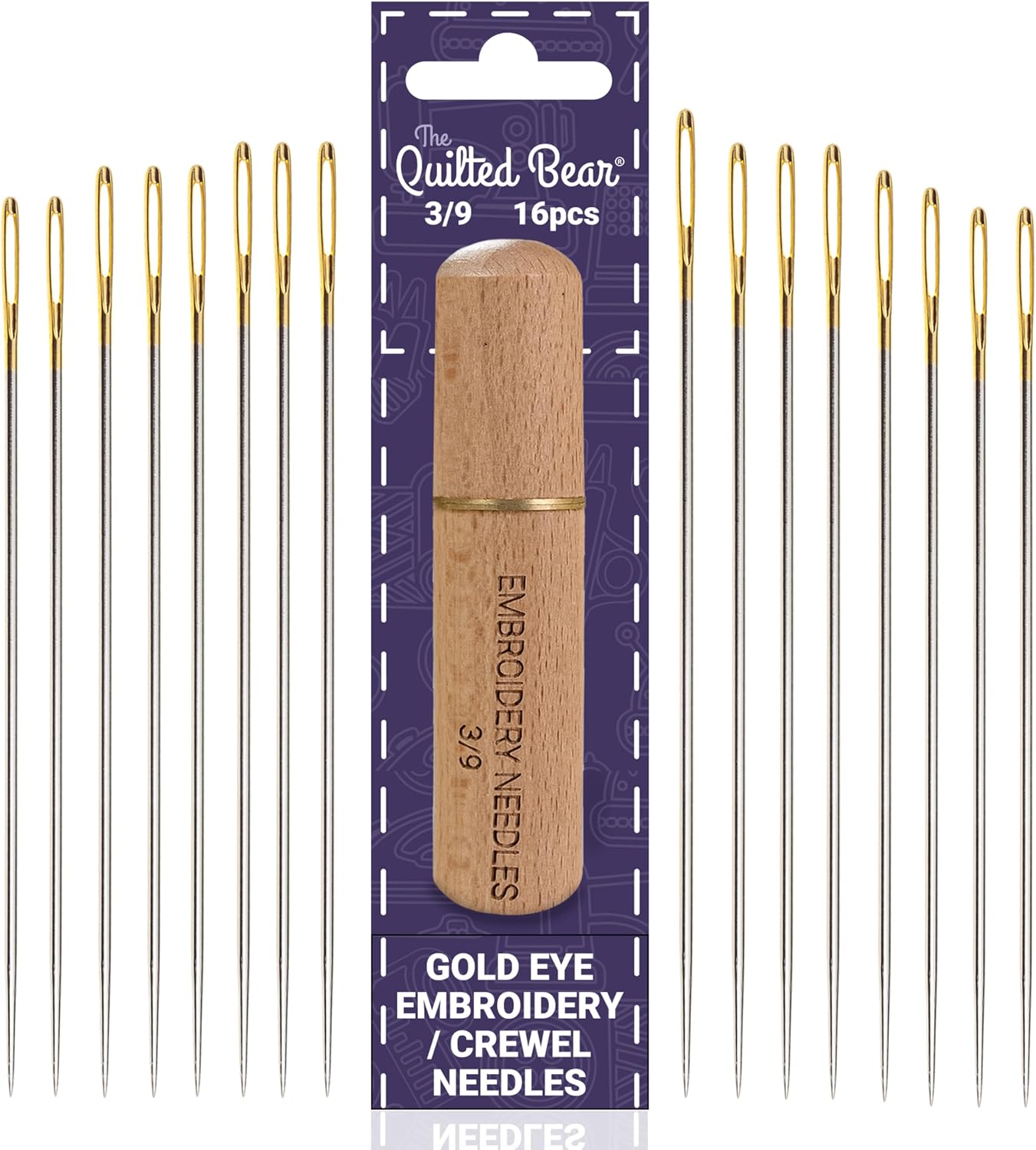 The Quilted Bear Gold Eye Crewel Embroidery Needles 3/9-16 Large Eye Crewel Needles for Embroidery with Sharp Points in a Premium Engraved Wooden Case for Embroidery & Hand Sewing (Sizes 3/9)