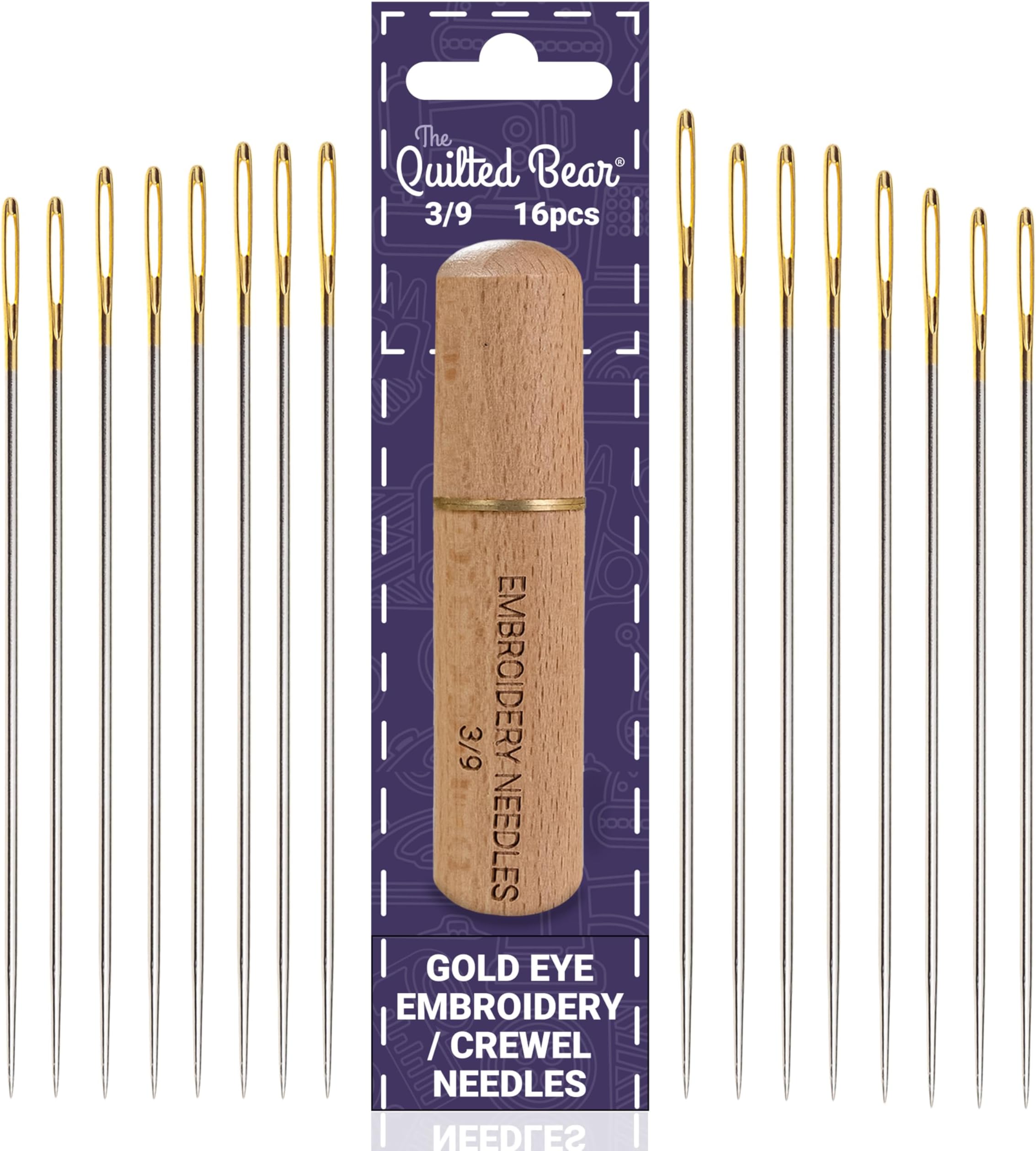 The Quilted Bear Gold Eye Crewel Embroidery Needles 3/9-16 Large Eye Sharp Point Crewel Needles for Embroidery in a Premium Engraved Wooden Case for Embroidery & Hand Sewing (Sizes 3/9)