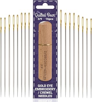 The Quilted Bear Gold Eye Crewel Embroidery Needles 3/9-16 Large Eye Sharp Point Crewel Needles for Embroidery in a Premium Engraved Wooden Case for Embroidery & Hand Sewing Sizes 3/9
