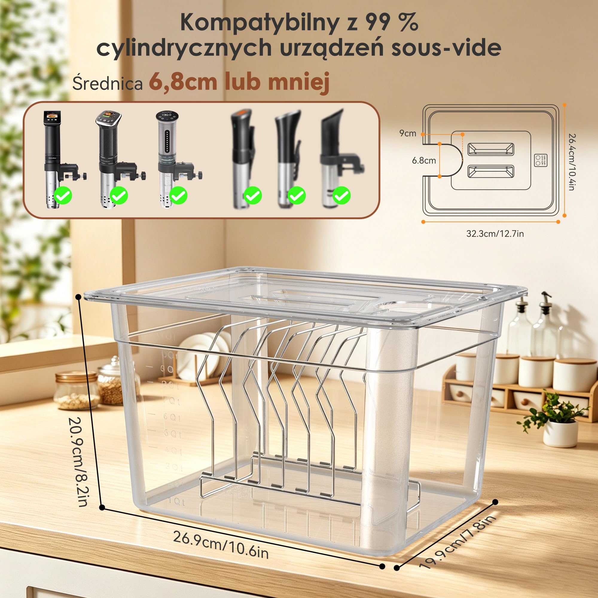 KitchenBoss Pojemnik Sous Vide 11L z Pokrywką i Rusztem ze Stali Nierdzewnej - Kompletny Zestaw z Osłoną Izolującą, Kompatybilny z Większością Ronerów, do Długiego i Równomiernego Gotowania