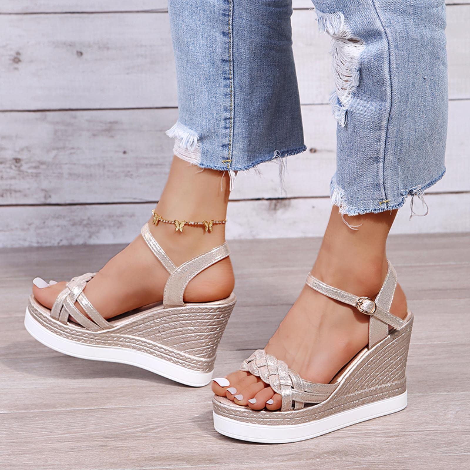 Sandales compensées pour femme - Sandales d'été à plateforme - Chaussures à boucle - À enfiler - Tissage à bout ouvert - Décontracté