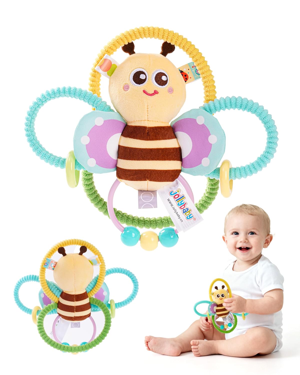 Jollybaby Sonajeros suaves y anillos de peluche para recién nacido de 0-3-6-12 meses, juguetes sensoriales para el desarrollo de la mano para bebés