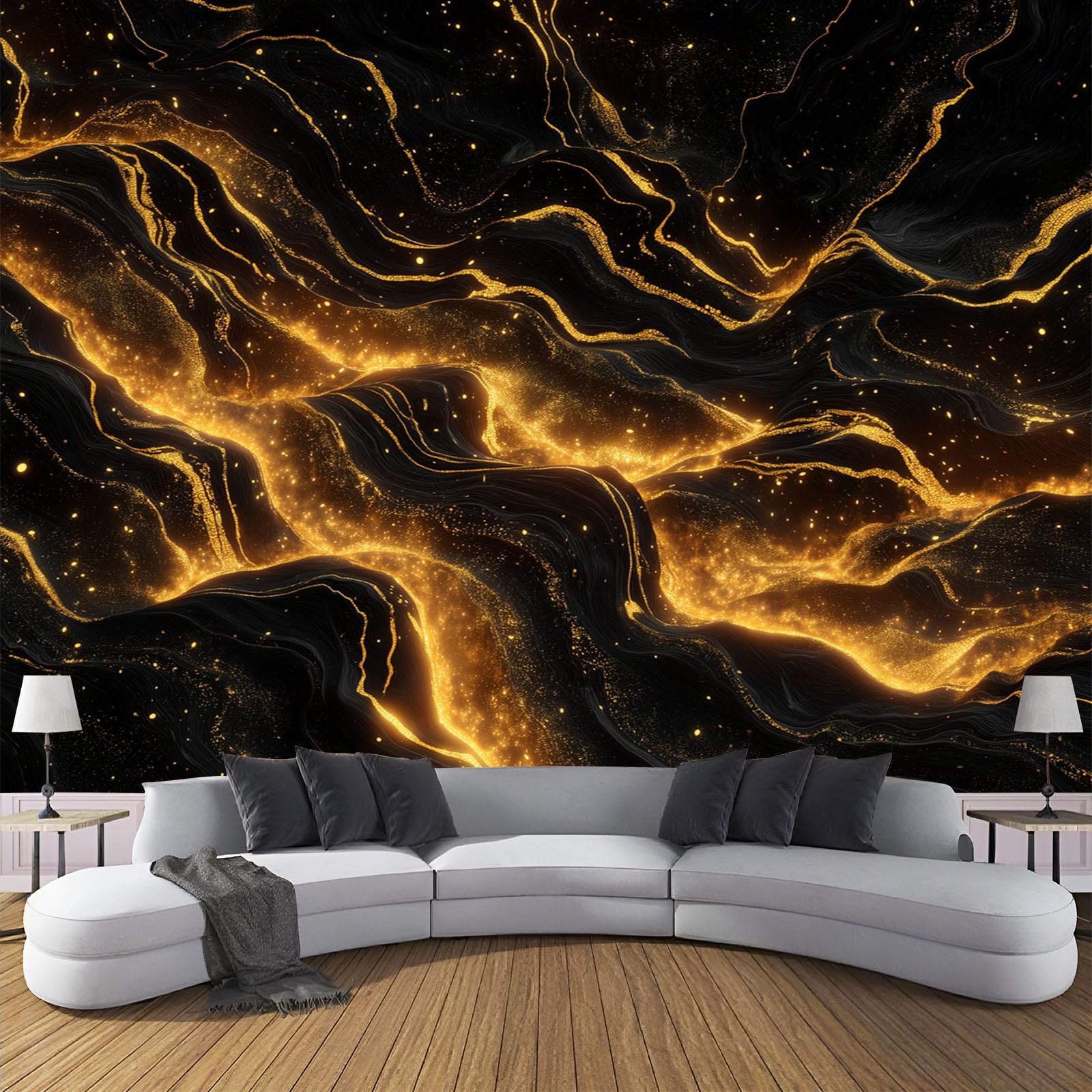 Papier peint panoramique marbre or et noir fresque 3D de prestige intissé