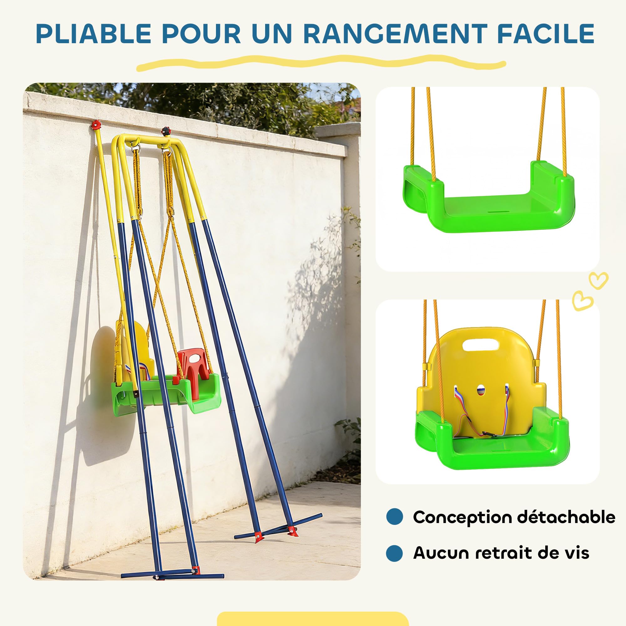 AIYAPLAY Portique Balançoire Exterieur Enfants 3-en-1 Pliable Multicolore