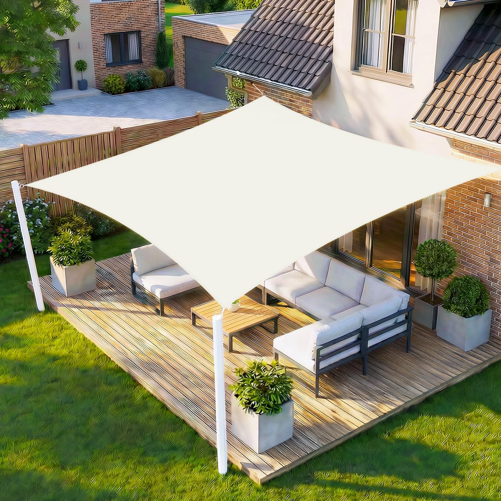 HENG FENG Sonnensegel 4x5m Rechteckig Wasserdicht mit 95% UV-Schutz Sonnenschutz für Garten Terrasse Balkon | Wetterfest & Windstabil aus hochwertigem PES Polyester | Beige