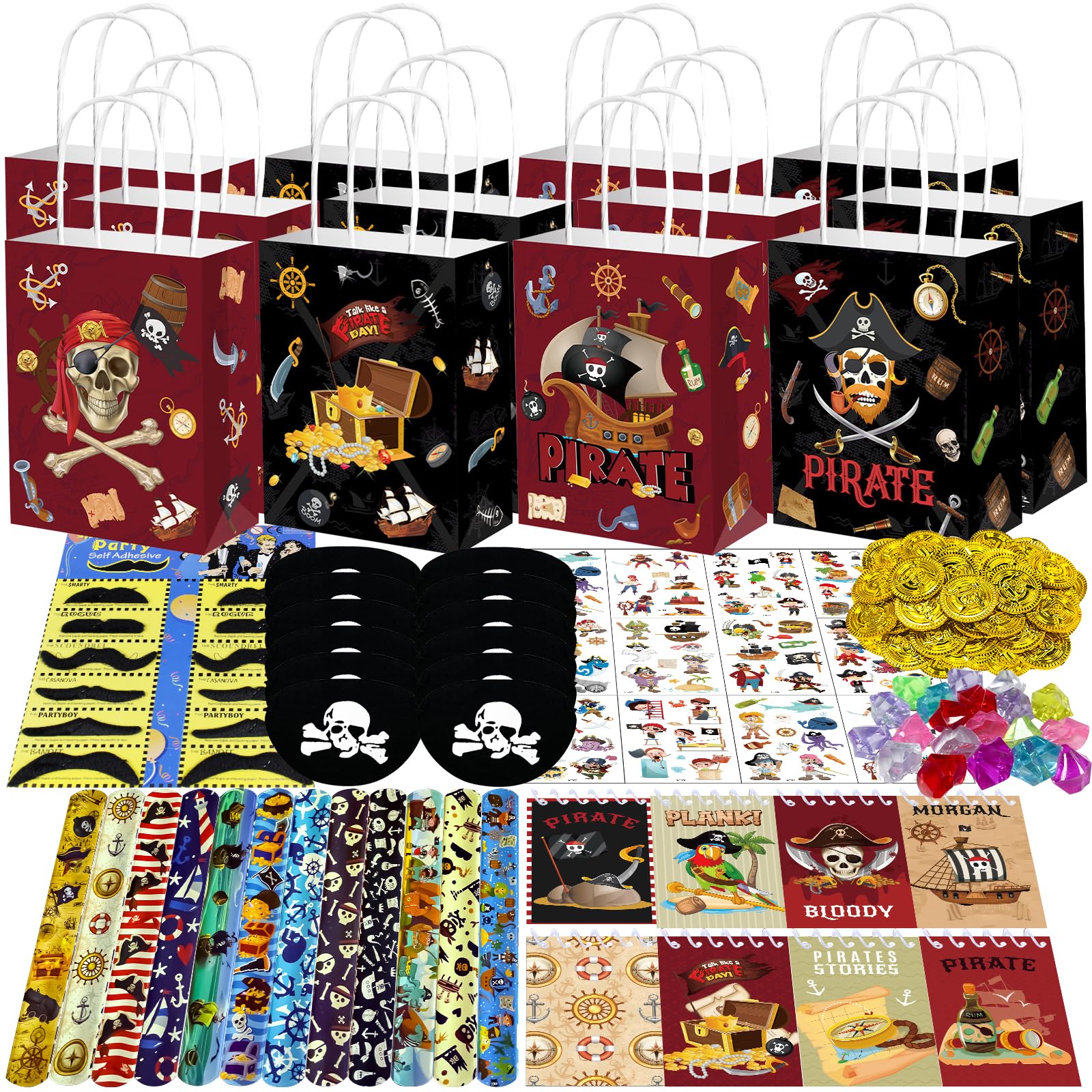 PQKL Party: Set di regalini pirata per compleanno bambini, festa dei pirati, sacchetti regalo, taccuino baffi, bracciale a scatto, adesivo per la nascita dei bambini