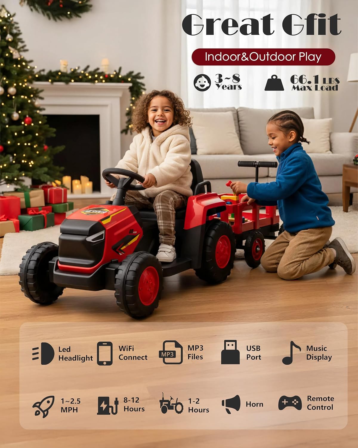 Garvee Toddlers Ride on Tractor with Detachable Garden Cart, 12V Electric Kids’ Vehicle with Trailer, Ages 3–8, Max Load 66 Lbs, Up to 2.5 Mph, Battery-Powered 8-Wheel, Remote Control, Garden Game