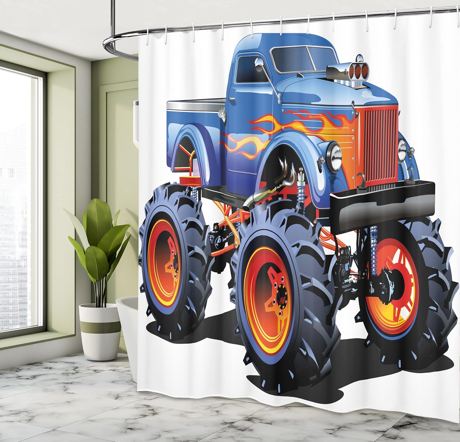 Ambesonne Man Cave Shower Curtain, Cartoon Monster Truck with Huge Tyres Off-Road Heavy Large Tractor Wheels Turbo, Cloth Fabric Bathroom Decor Set with Hooks, 69" W x 70" L, Orange Blue