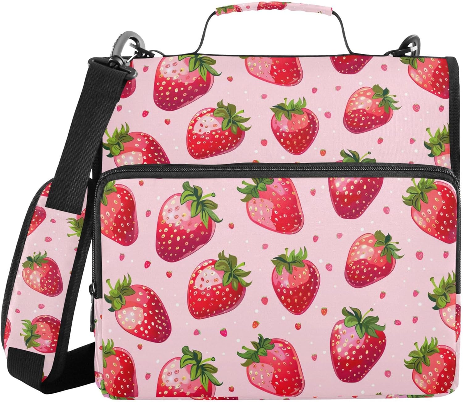 Cute Strawberry Zipper Binder 3 Ring with Shoulder Strap, Multiple Pockets Expanding File Folder Binder Bag Organizer