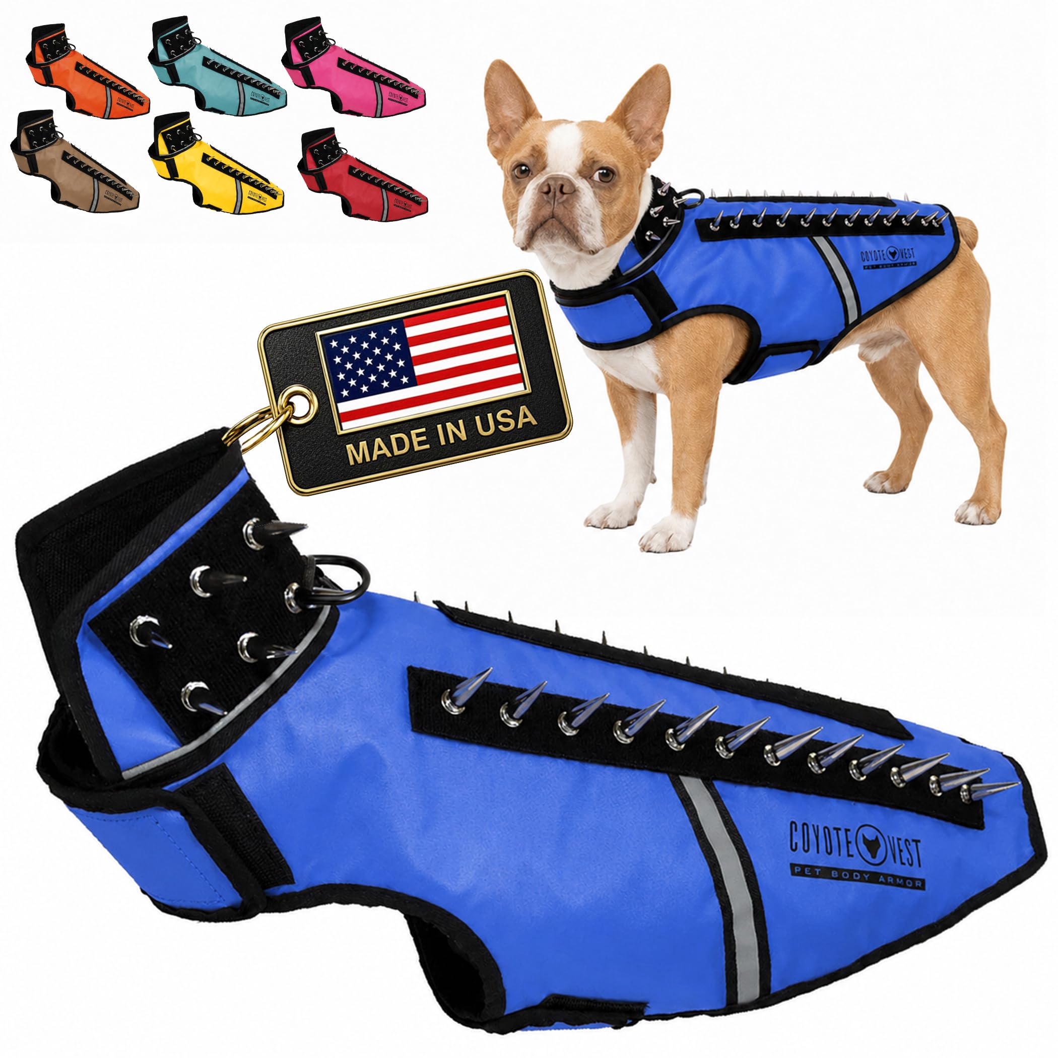 CoyoteVest SpikeVest Dog Harness Vest for Small Dogs, Reflective Dog Vest with Spikes to Shield Your pet from Coyotes, Raptor and Animal Attacks, Anti Hawk Vest, Made in USA (M-Royal Blue)