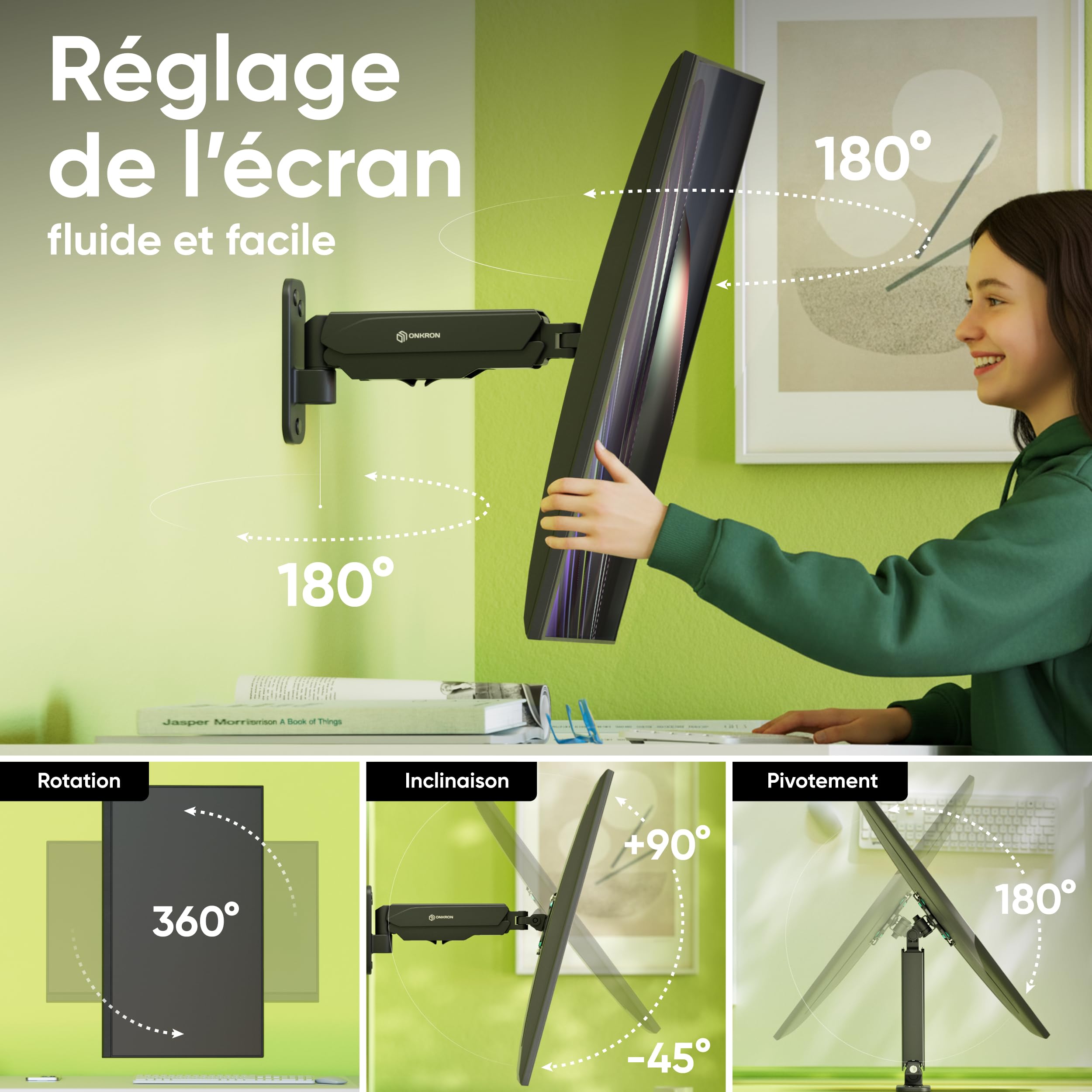 ONKRON Support Ecran PC Mural pour 13" - 34" Moniteur & TV Jusqu’à 8 kg, Support Mural Ecran PC VESA 75x75 & 100x100, Bras Ecran PC, Bras Articulé Écran, Support Écran Ressort à Gaz Noir G120-B