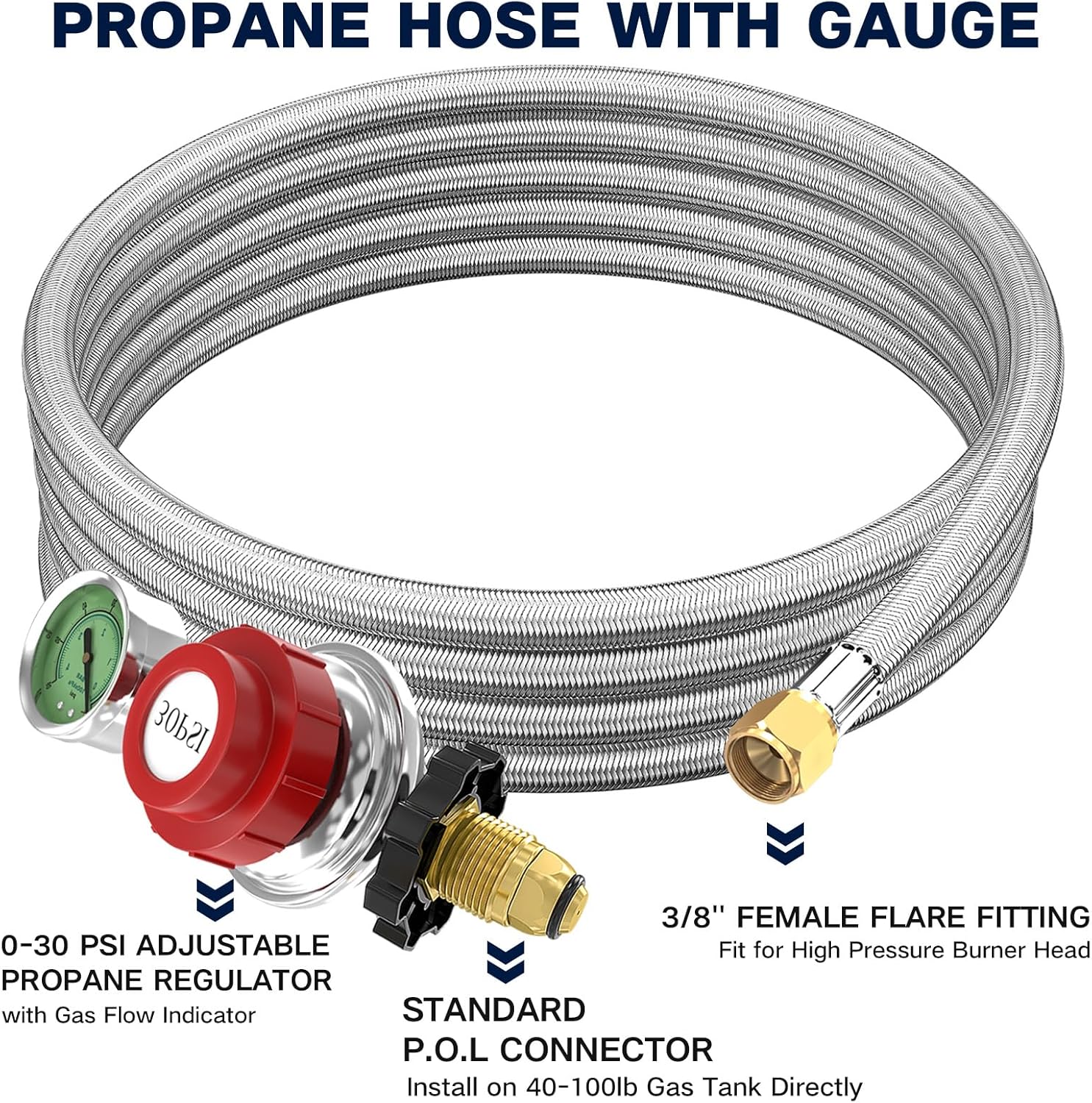 12 Foot 0-30 PSI High Pressure Adjustable Propane Regulator with Gauge 0~60PSI Gas Flow Indicator, Gas Cooker 3/8inch Female Flare Fitting, Stainless Steel Braided Hose and Gas Grill LP Regulator