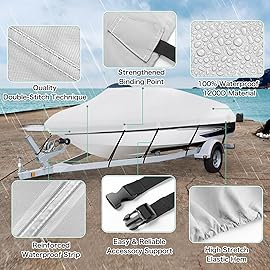 HAHASOLE Heavy Duty 1200D PU Waterproof Boat Cover, 14\'- 16\' Trailerable Marine Grade Polyester Canvas, Fits 14-16ft V-Hull, Runabout, Fishing Boat, Tri-Hull, Pro-Style Bass Boat with Tightening Strap