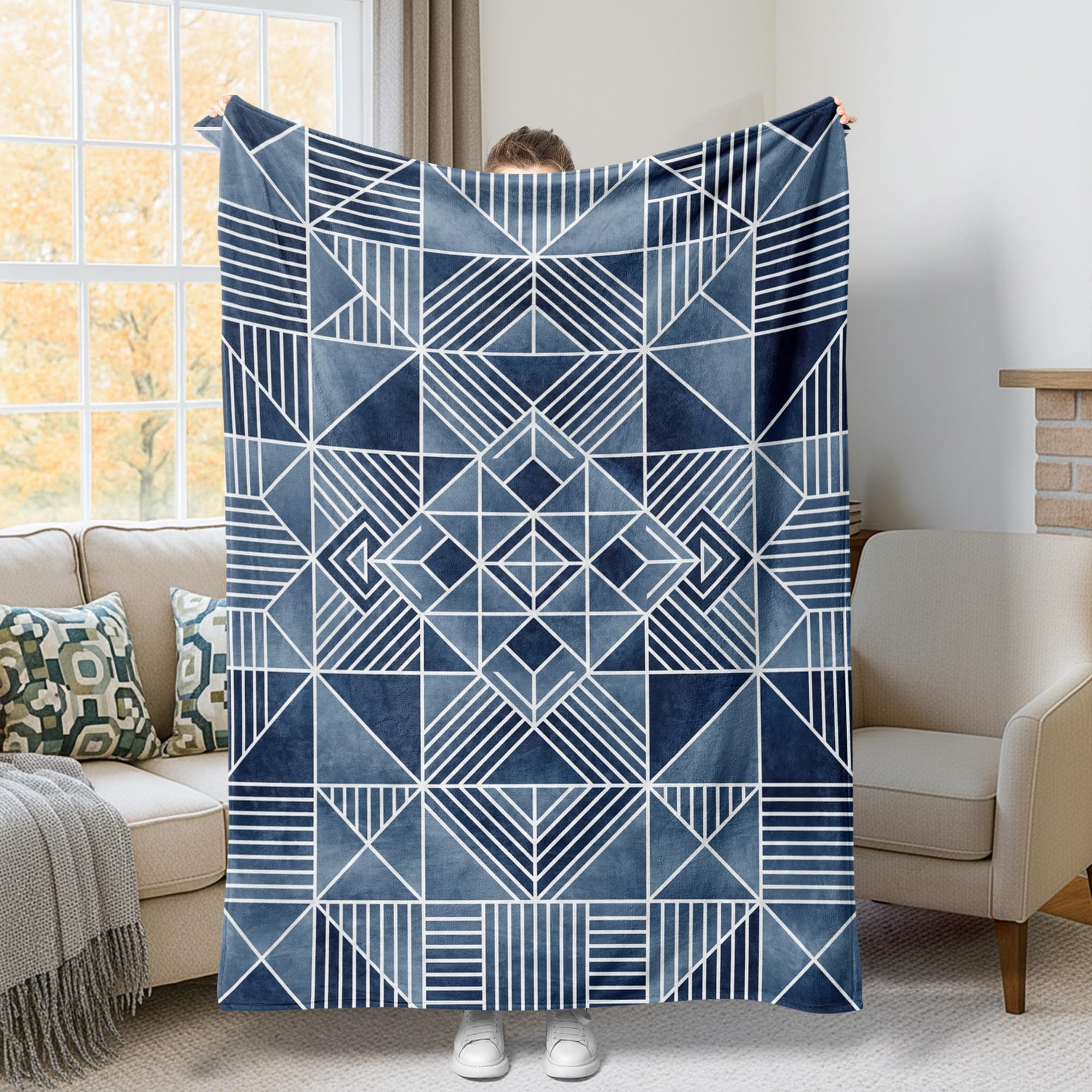 Jeté de lit doux et confortable bleu marine à motifs géométriques modernes