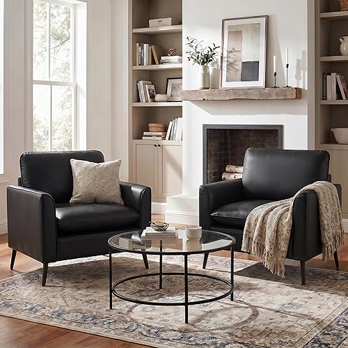 TYBOATLE Accent Chairs Set of 2, Black Leather Accent Chair, Comfy Living Room Chair, Cozy Reading Sitting Chair, Mid Century Modern Accent Chairs, Arm Reception Chairs, Office Furniture