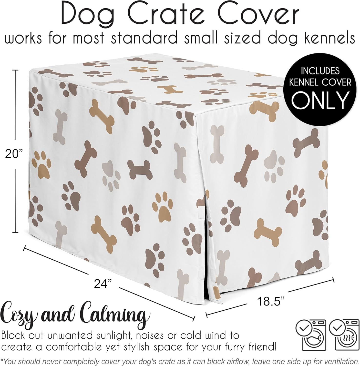 Sweet Jojo Designs 24in. Small Dog Crate Cover (Bones and Paw Prints) Pet Cage, Kennel Covers (Modern, Cartoon, Doggy, Puppy, Neutral, Paws Print, Whimsical, Brown, Tan, Grey, Taupe and Off White)