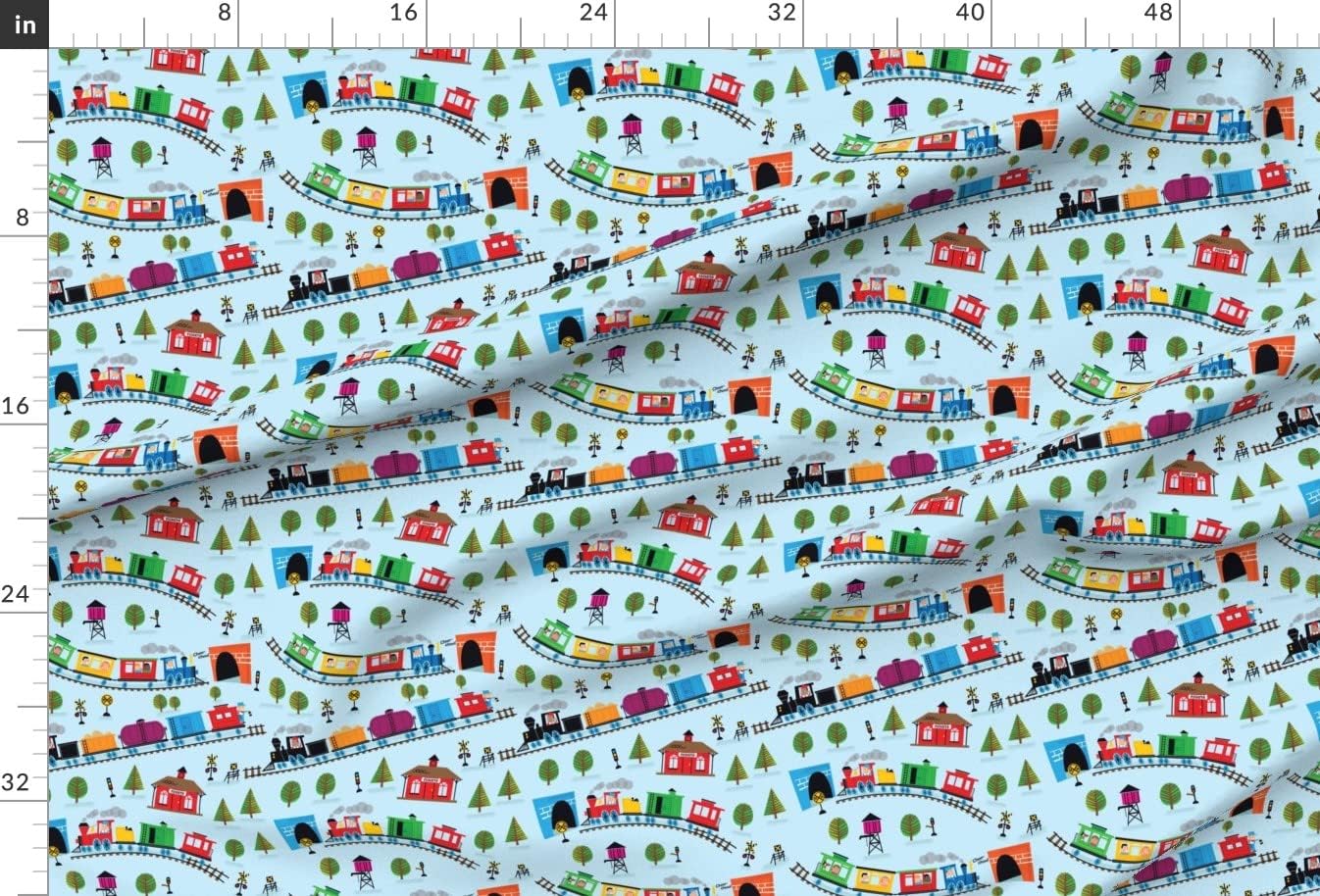 Spoonflower Fabric - Trains, Blue, Nursery, Railroad, Rainbow, Boy, Girl, Colorful Printed on Minky Fabric by The Yard - Sewing Baby Blankets Quilt Backing Plush