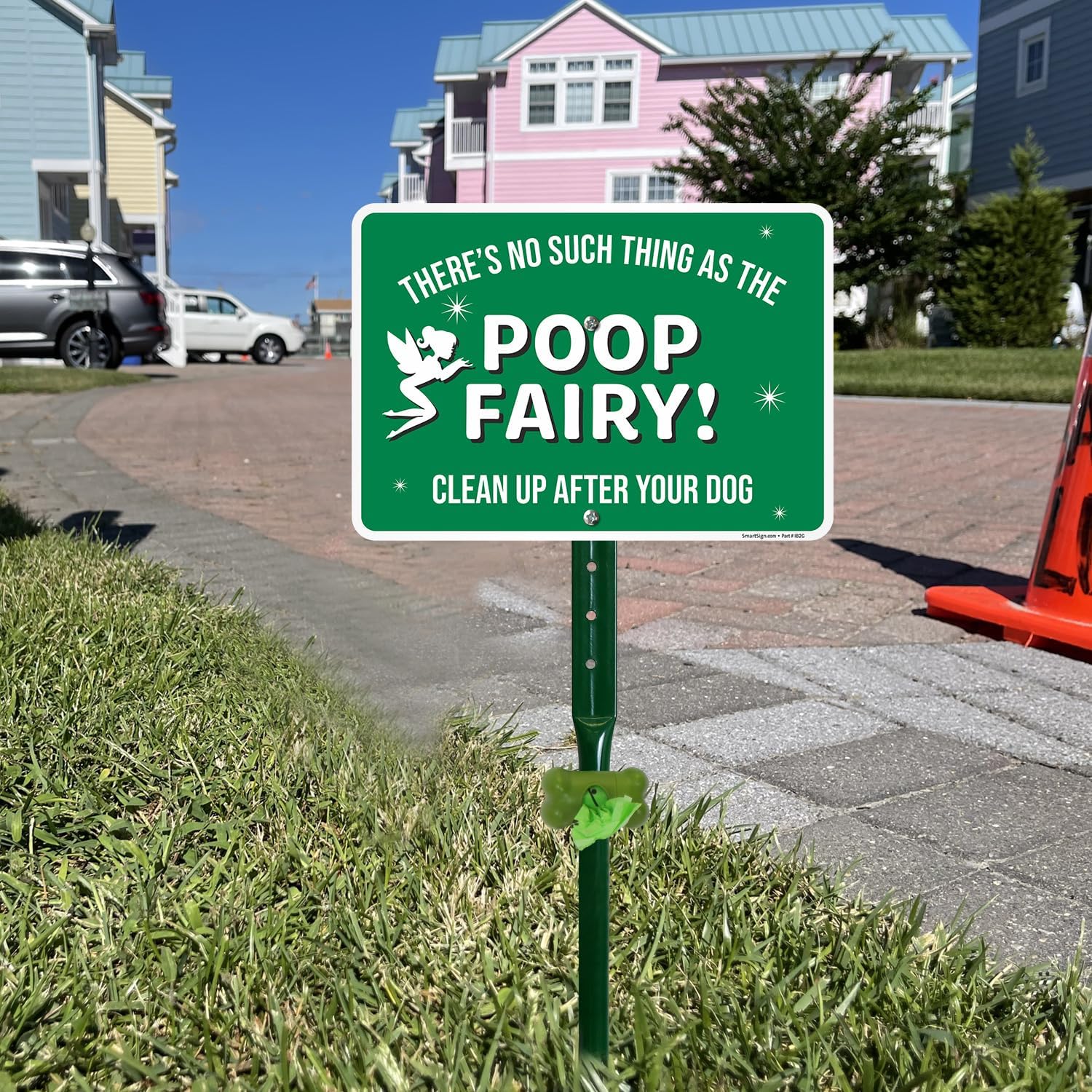 SmartSign There's No Poop Fairy Clean Up After Your Dog Yard Sign & Clip-On Dispenser Combo/Kit, 7"x10" Aluminum Sign with 18-inch Steel Stake, Compact Dispenser Preloaded with a 15 Poop Bags Roll