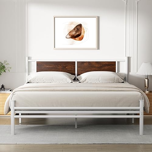 Base de cama tamaño California King con cabecera de madera rústica, marco de plataforma de metal resistente, soporte de listones de acero