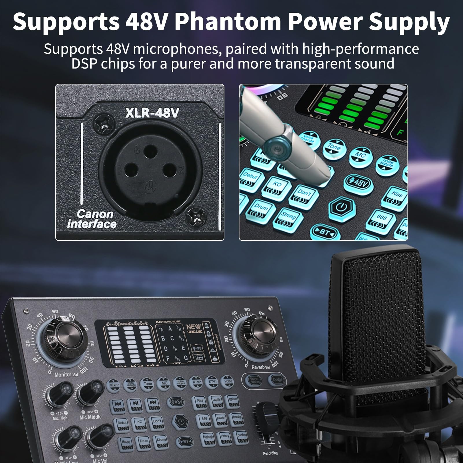 Mezclador multifunción Tarjeta de sonido digital portátil BT Consola de mezcla USB Alimentación fantasma incorporada de 48 V