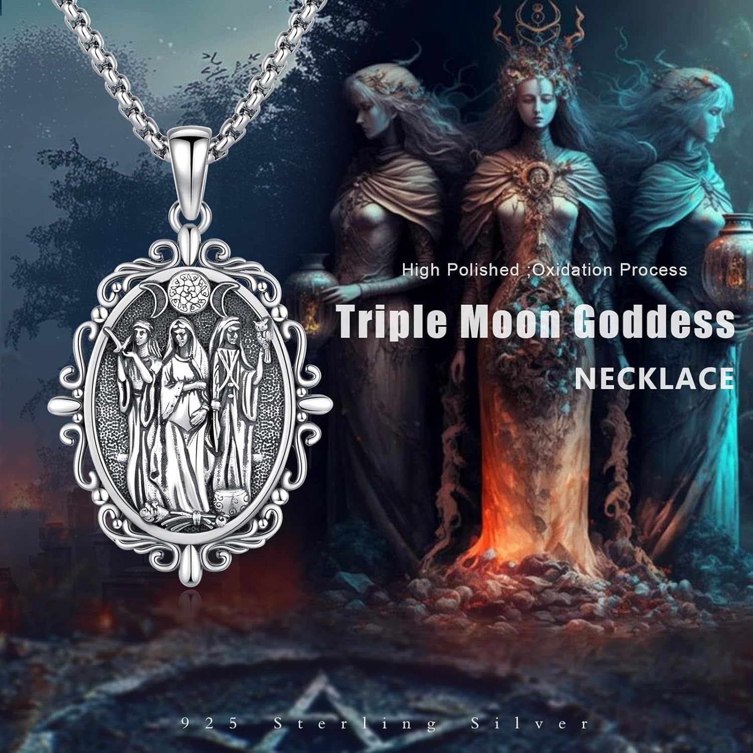 Triple Moon Goddess/Virgin Mary Necklace 925 Sterling Silver Greek Goddess Hekate Pendant Necklaces Protection Amulet Moon Sun Pentagram Jewelry for Women