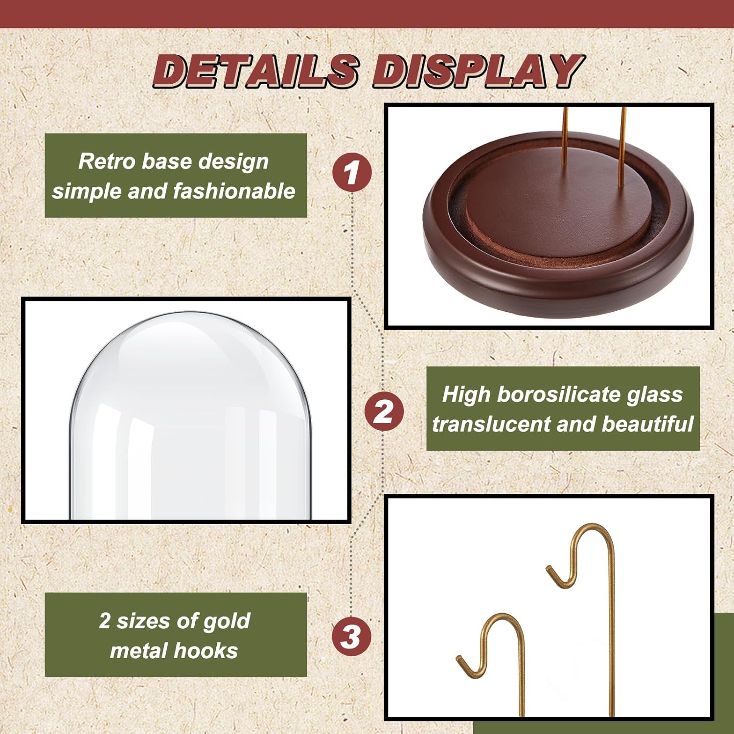 4 x 7 Inch Pocket Watch Glass Display Dome Cloche with 2 Hooks Clear Pocket Watch Display Case Stand Glass Cloche Showcase with Wooden Base for Ornaments Medals Photos Collectibles